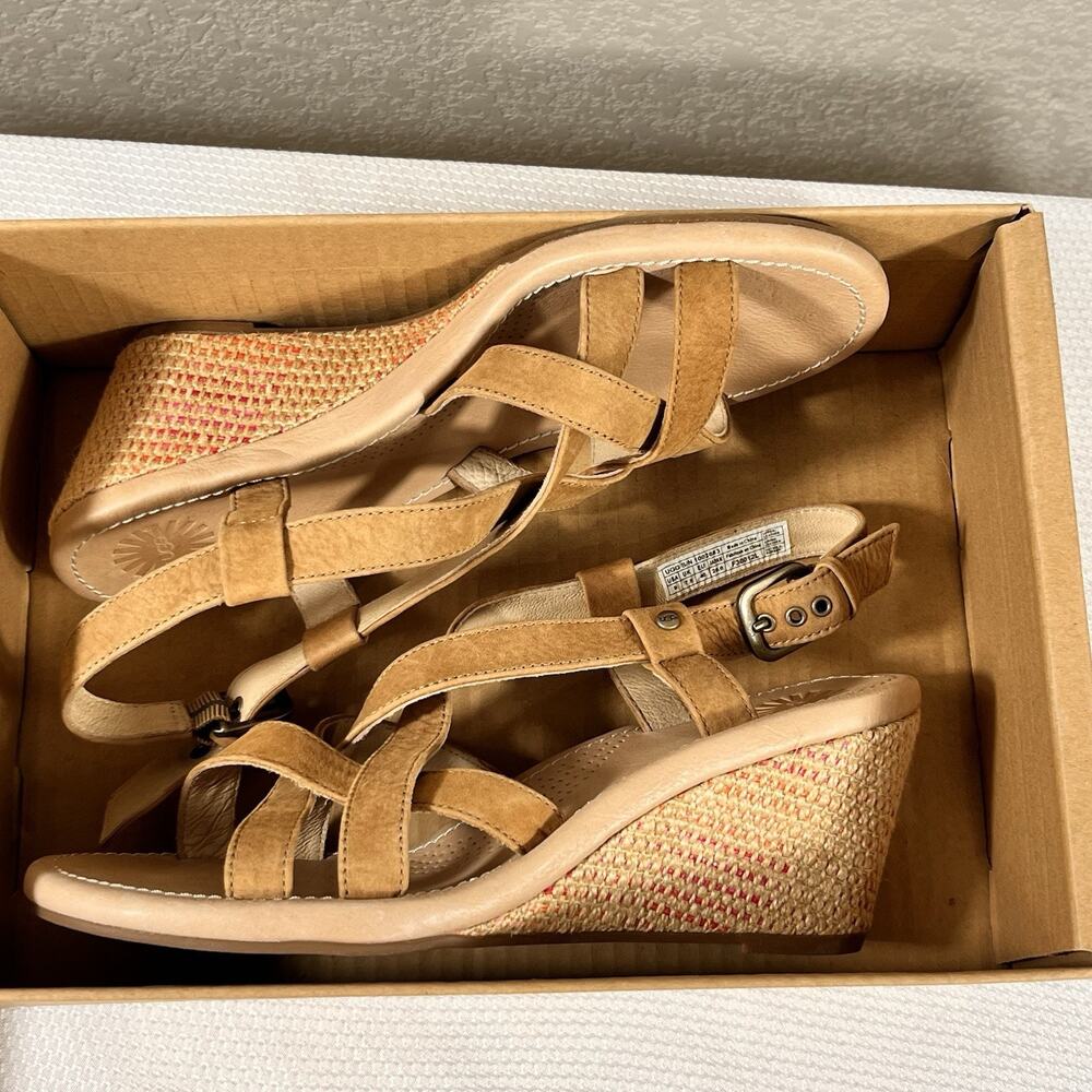 NIB Ugg Wedge High Heel Strappy Sandals Size 9 Brown Leather‎ - Picture 15 of 16